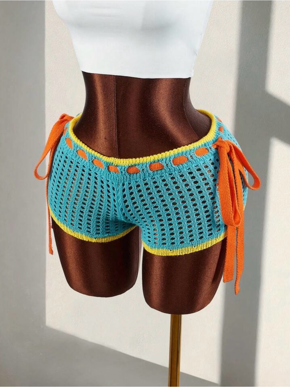 Crochet Beach Shorts Contrast Trim Tie Waist Knit Teal & Yellow Small